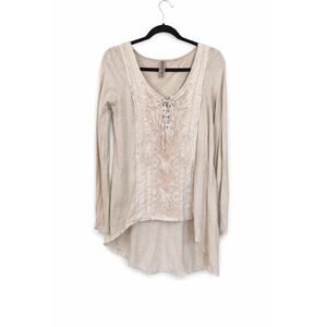 Free People Medium Ivory Embroidered Lace-Up Tunic Top Boho Romantic Festival